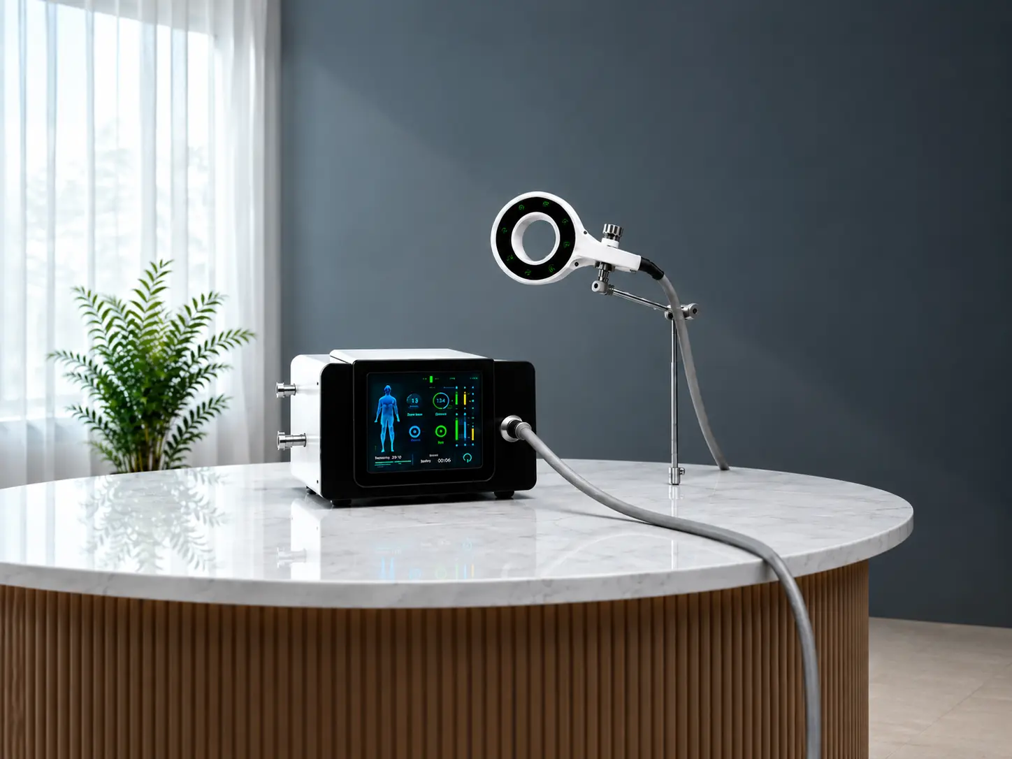 PEMF therapy machine with a touchscreen control unit and ring-shaped magnetic coil applicator on a marble table